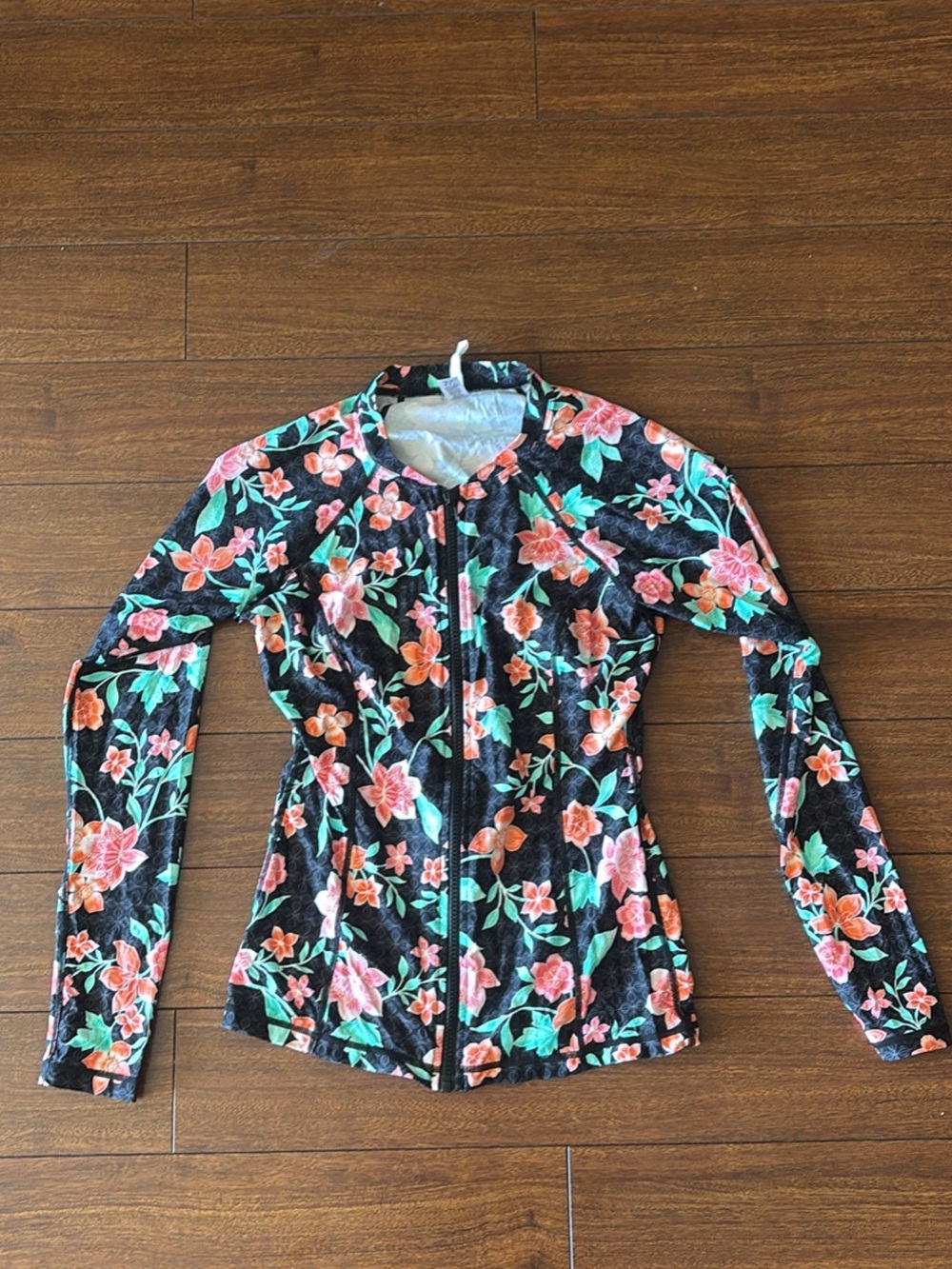 Floral Zip-Front Rashguard - Black with Coral & Teal Flowers